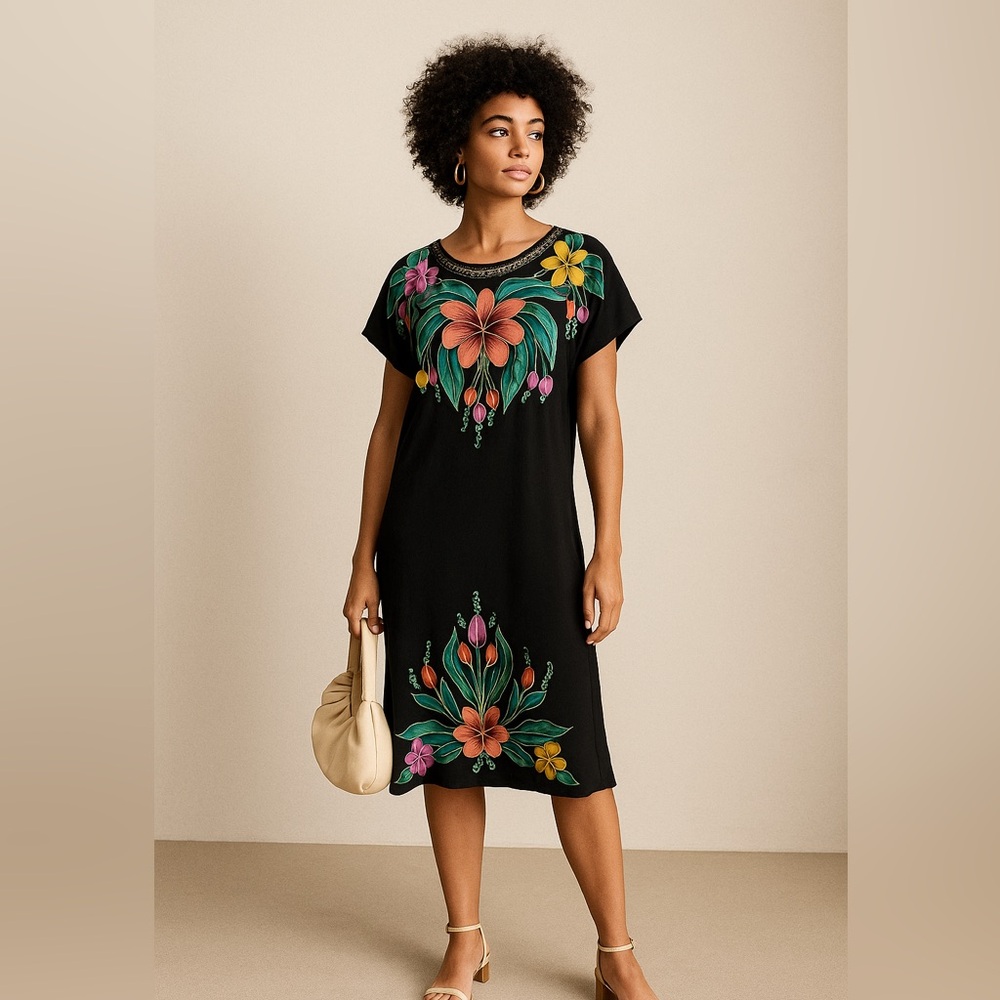 Bali Moon Floral Flowy Black Shift Dress  embroidered trim flowers